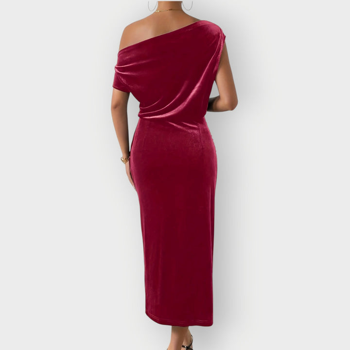 Saeviah | Off Shoulder Draped Velvet Midi Dress