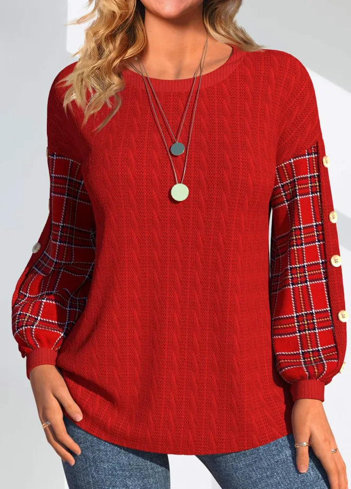 Oryssia | Red Knit with Checked Sleeves