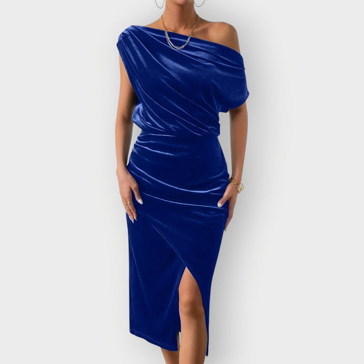 Saeviah | Off Shoulder Draped Velvet Midi Dress