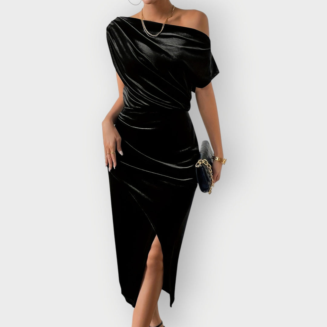Saeviah | Off Shoulder Draped Velvet Midi Dress