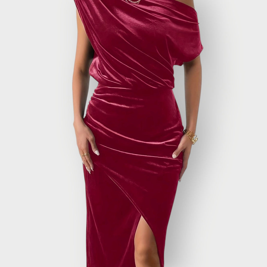 Saeviah | Off Shoulder Draped Velvet Midi Dress