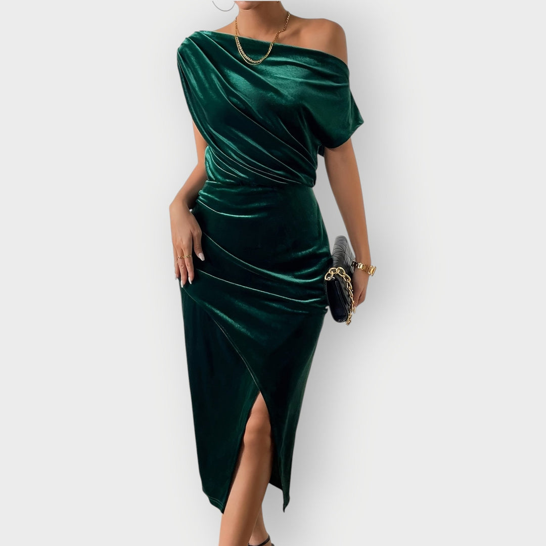 Saeviah | Off Shoulder Draped Velvet Midi Dress
