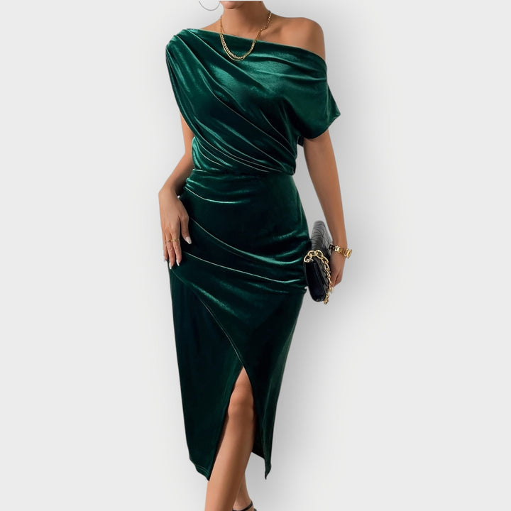 Saeviah | Off Shoulder Draped Velvet Midi Dress