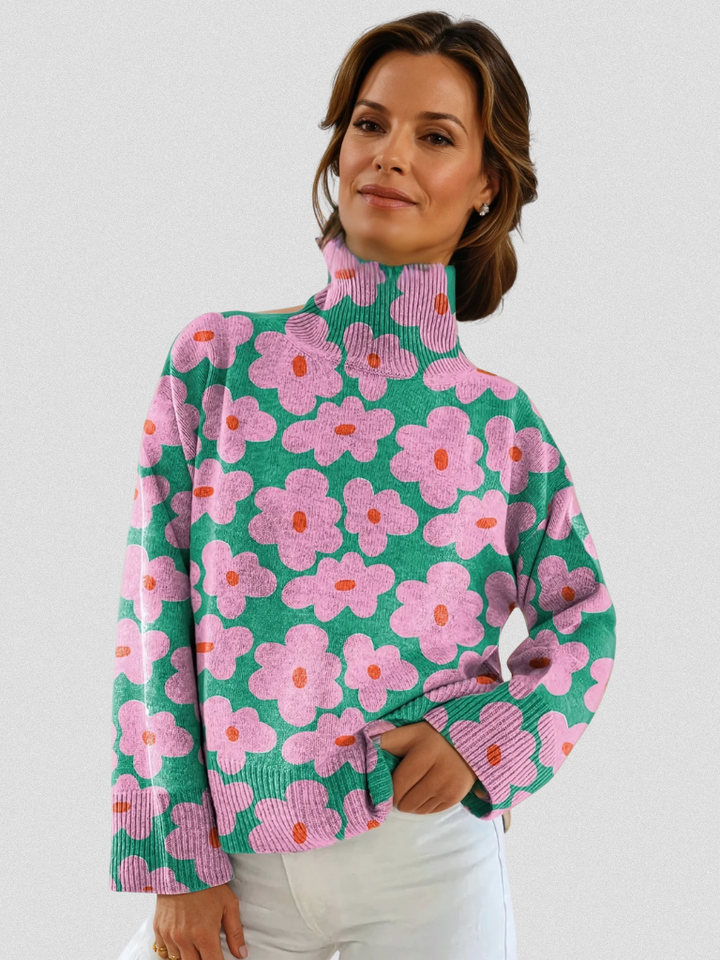 Alexandra | Soft Knit Sweater Retro Floral Mint Pink Mock-Neck