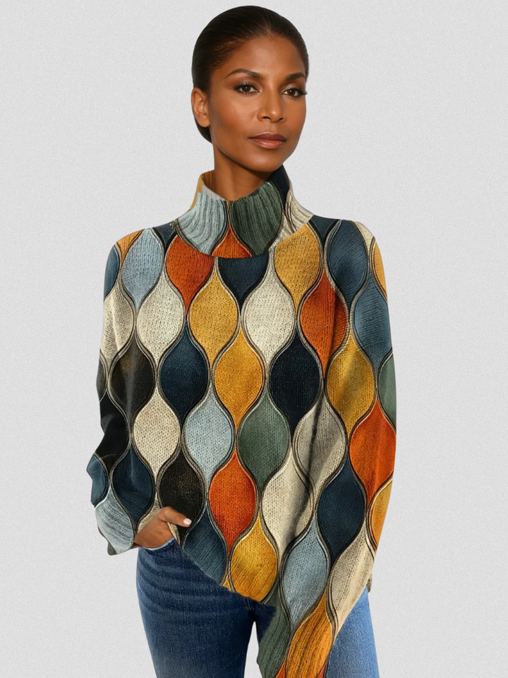 Angela | Relaxed Knit Sweater  Amber Teal Cream Turtleneck