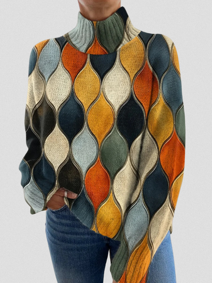 Angela | Relaxed Knit Sweater  Amber Teal Cream Turtleneck